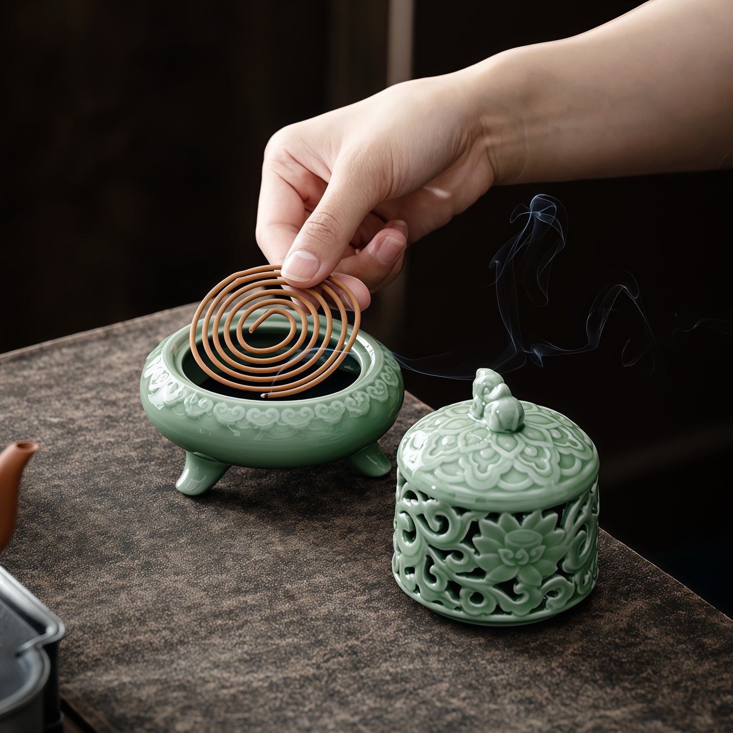 Celadon Pixiu Three-Foot Incense Burner